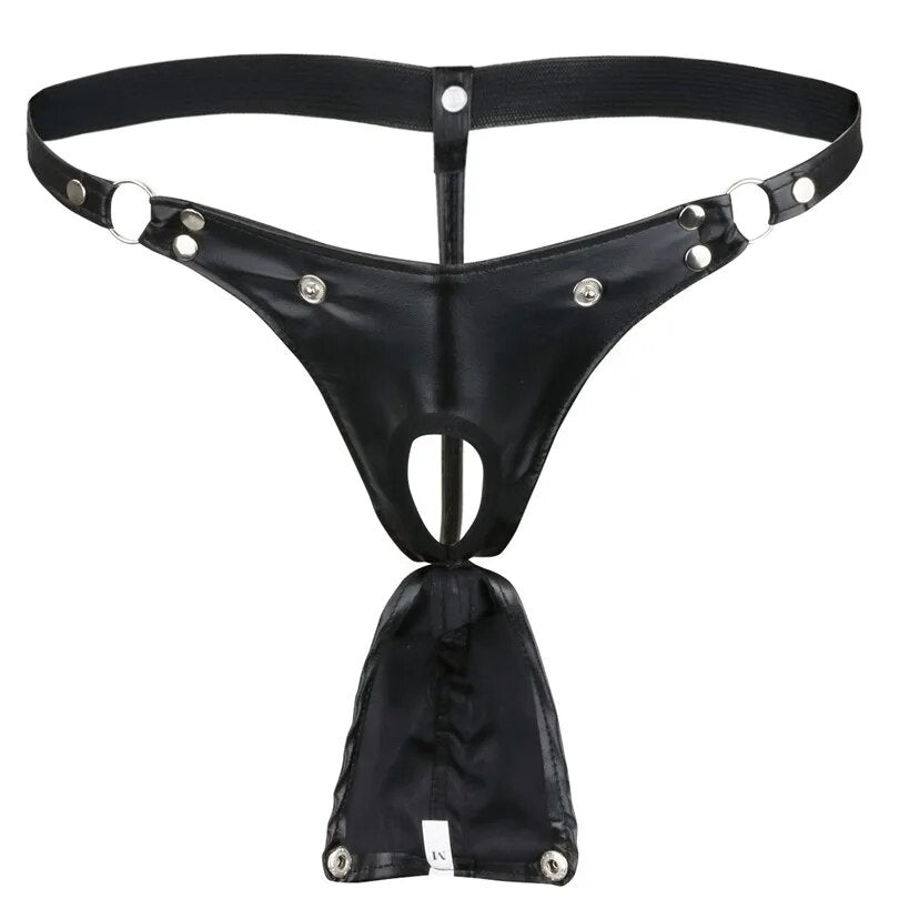 galleryman.com - Sexy Leather Men's Thong G-String Buckled Bulge Pouch Black