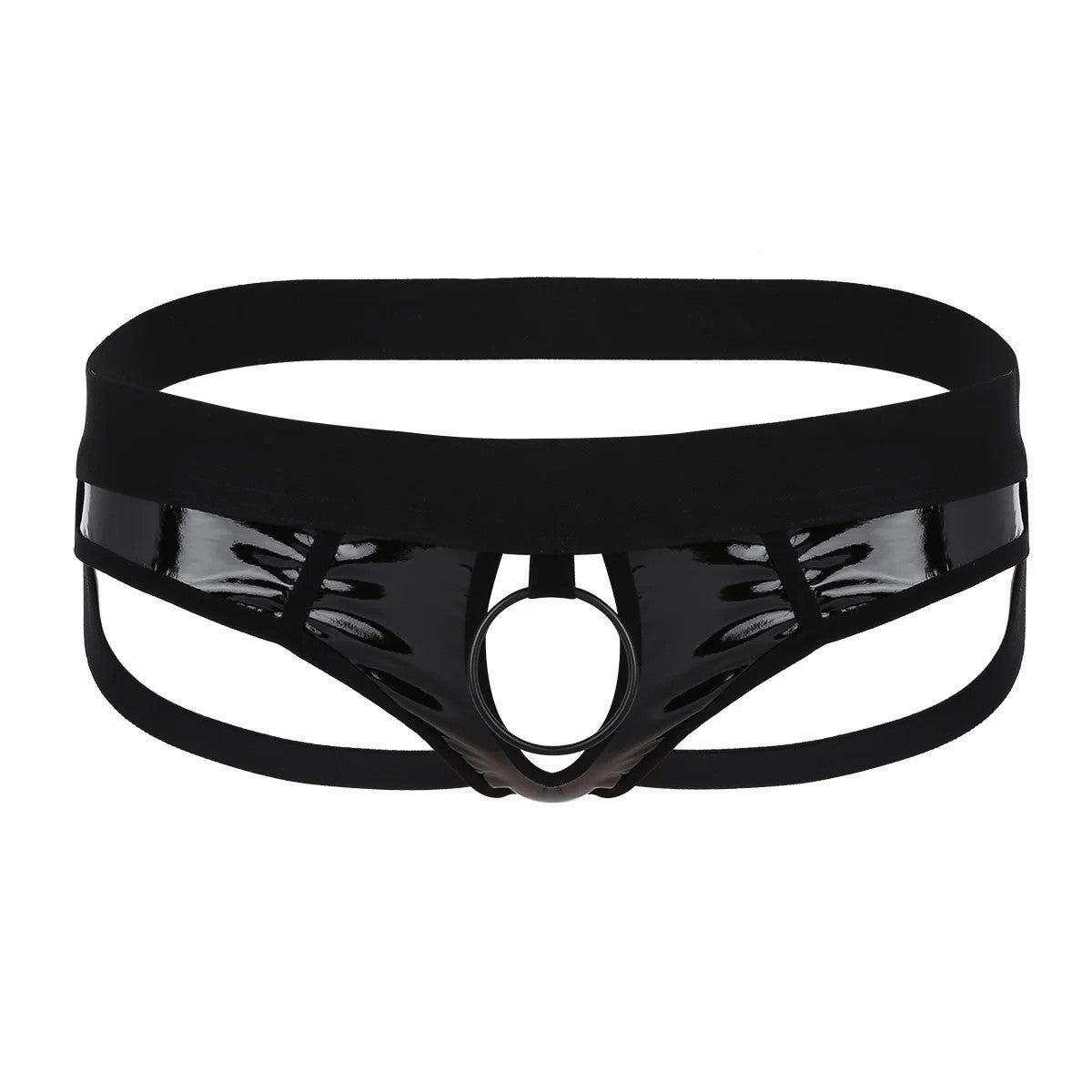 galleryman.com - Men's Patent Leather Jockstrap Front Ring Hole Underwear Black
