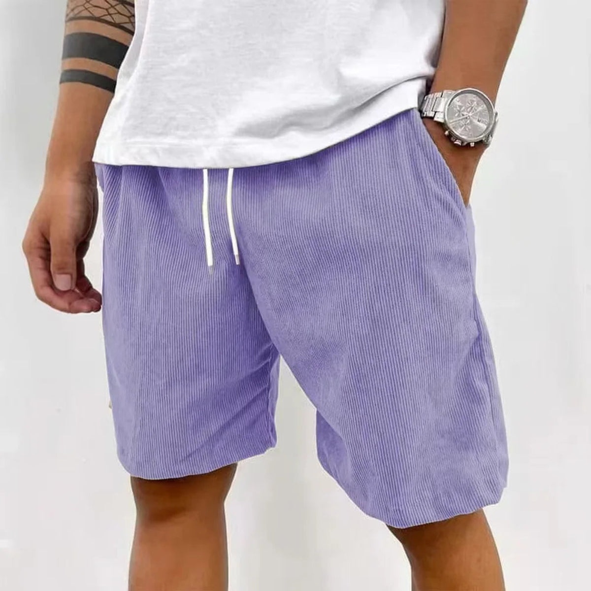 Men’s Casual Corduroy Shorts with Drawstring Waist in Purple by Gallery Man