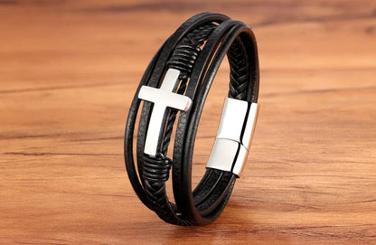 Men's Bracelet Leather Stainless Steel Classic Cross Design