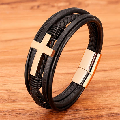 Men's Bracelet Leather Stainless Steel Classic Cross Design