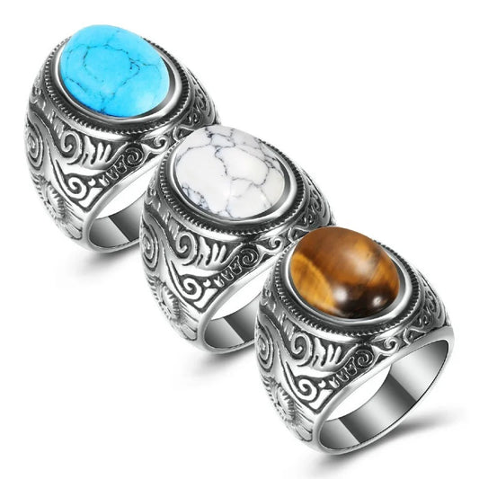 Men Ring Vintage Stainless Steel Natural Stone Jewelry