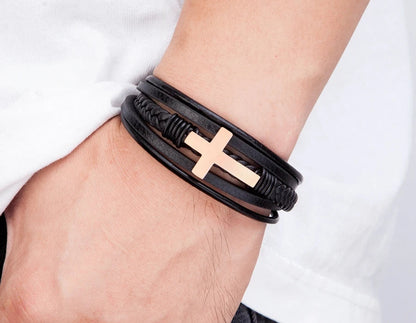 Men's Bracelet Leather Stainless Steel Classic Cross Design