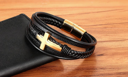 Men's Bracelet Leather Stainless Steel Classic Cross Design