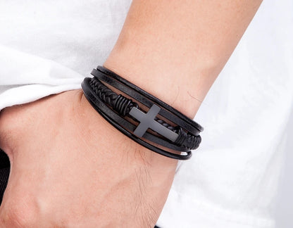 Men's Bracelet Leather Stainless Steel Classic Cross Design