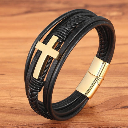 Men's Bracelet Leather Stainless Steel Classic Cross Design