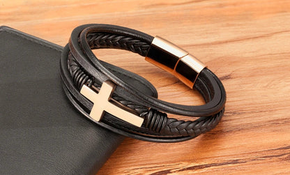 Men's Bracelet Leather Stainless Steel Classic Cross Design