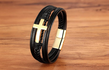 Men's Bracelet Leather Stainless Steel Classic Cross Design