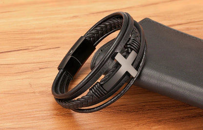Men's Bracelet Leather Stainless Steel Classic Cross Design