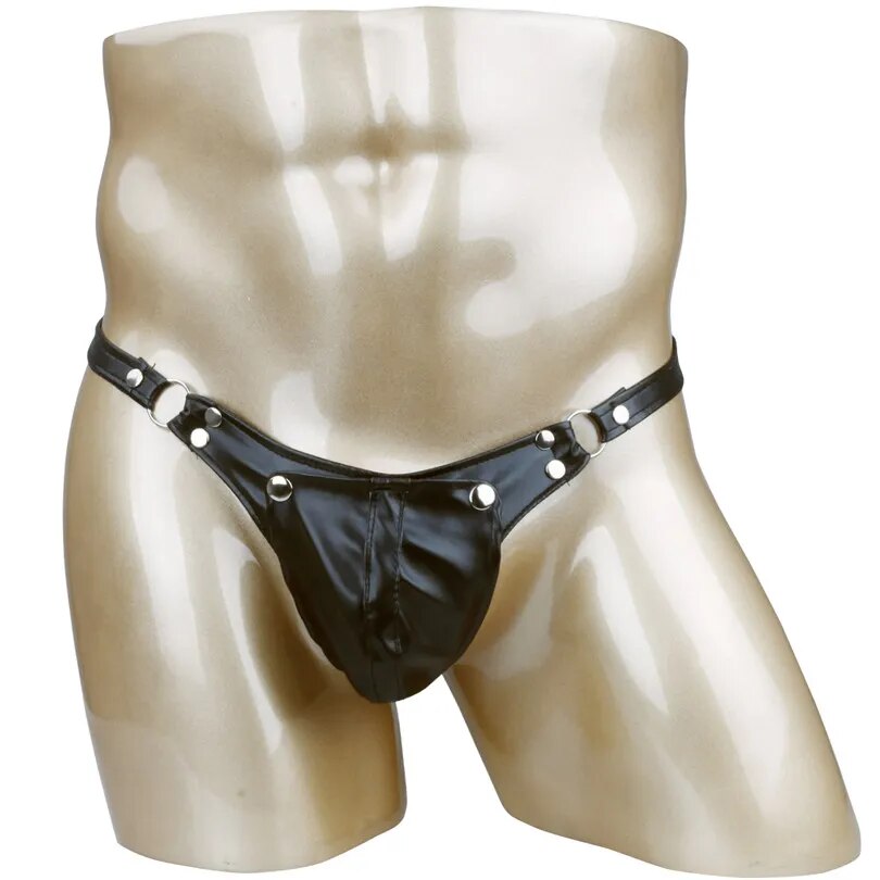 Sexy Leather Men's G-String Thong Underwear with Buckled Bulge Pouch