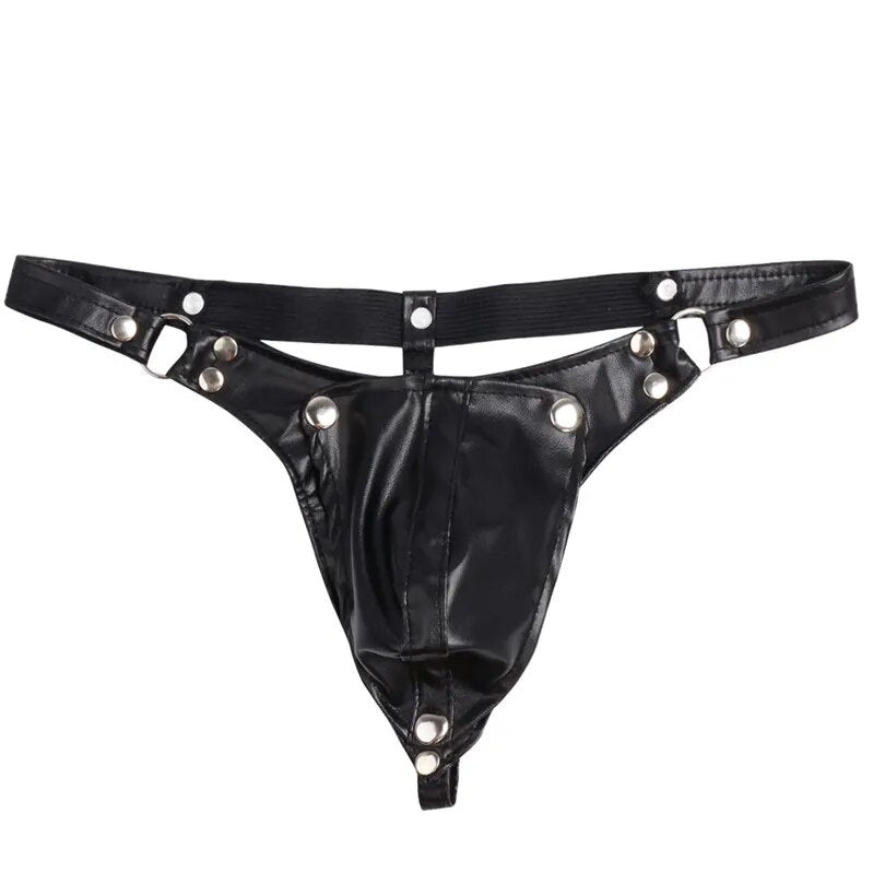 Sexy Leather Men's G-String Thong Underwear with Buckled Bulge Pouch