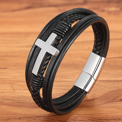 Men's Bracelet Leather Stainless Steel Classic Cross Design