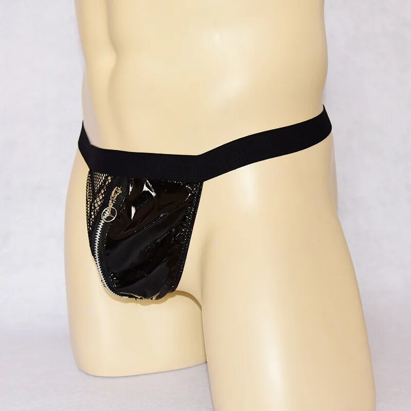 Zipper Open Pouch Leather Thong for Men