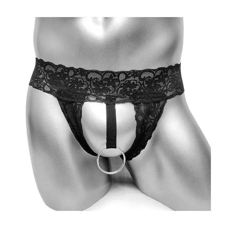 Men Elastic Thong Lace Open Crotch Underwear With Ring Male