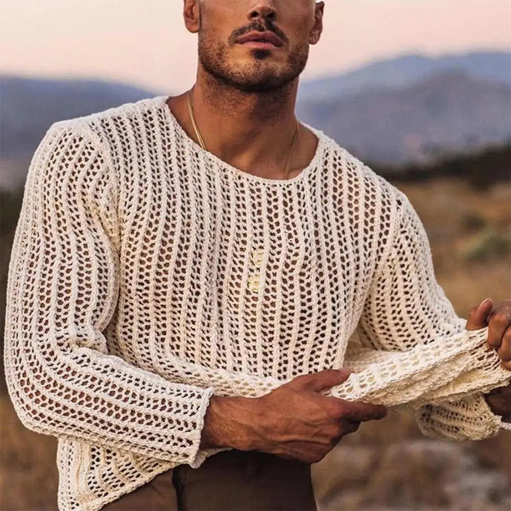 Men Top Long Sleeves See Through Round Neck Knitted Mesh