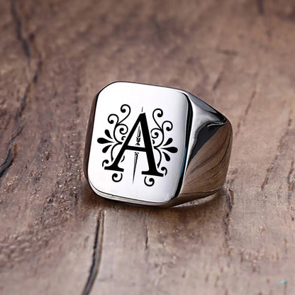 Men Ring Alphabet A-Z Initials Stainless Steel Silver