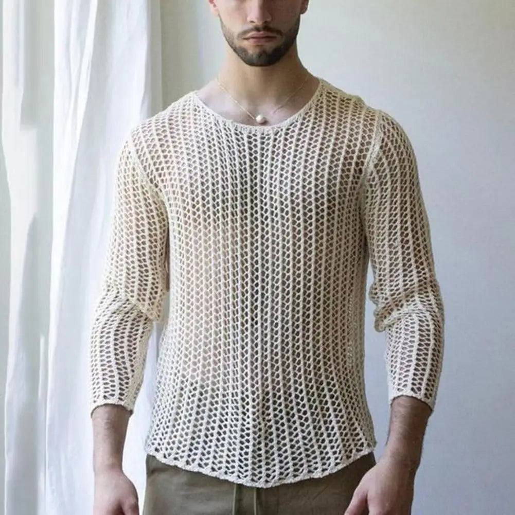 Men Top Long Sleeves See Through Round Neck Knitted Mesh