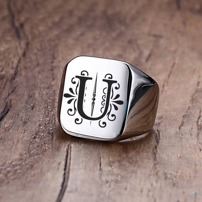 Men Ring Alphabet A-Z Initials Stainless Steel Silver