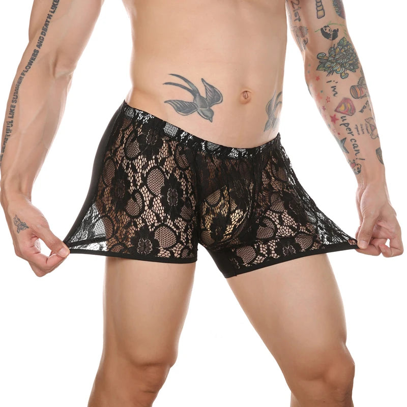 Men’s Ultra-Thin Lace Mesh Boxer Briefs See-Through