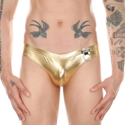 Men Sexy Leather Thong Metal Ring Deco Underwear