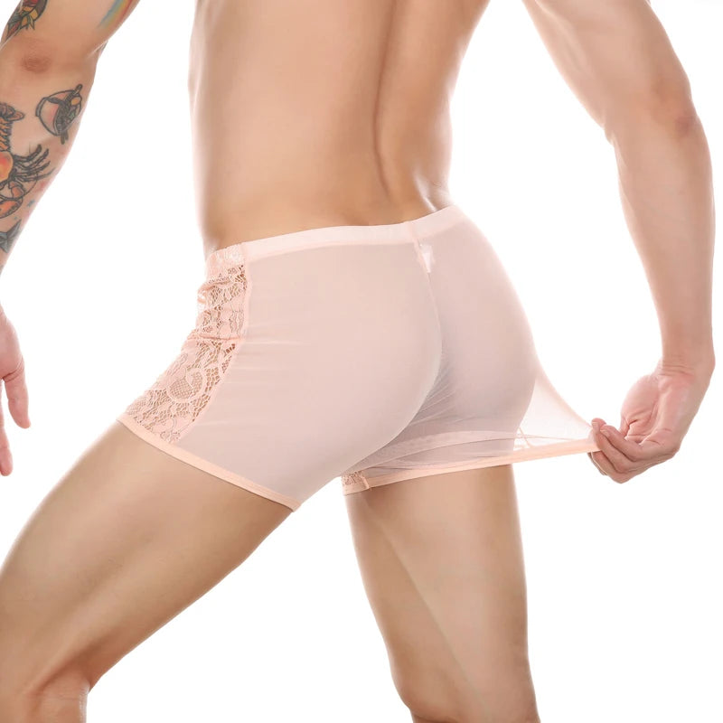 Men’s Ultra-Thin Lace Mesh Boxer Briefs See-Through