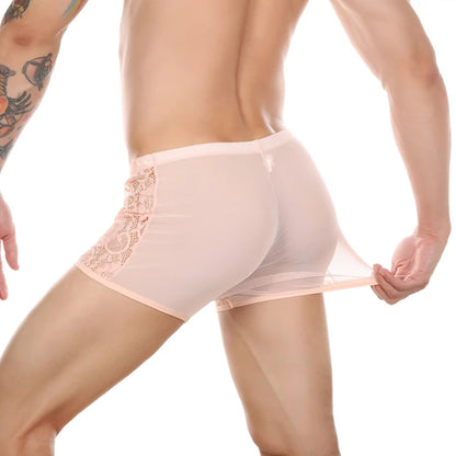 Men’s Ultra-Thin Lace Mesh Boxer Briefs See-Through