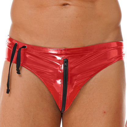 Men's Latex Briefs Drawstring Low Waist Zipper
