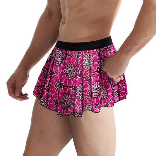 Sexy Men Lace Hollow Lingerie Skirt Vintage Floral Printed