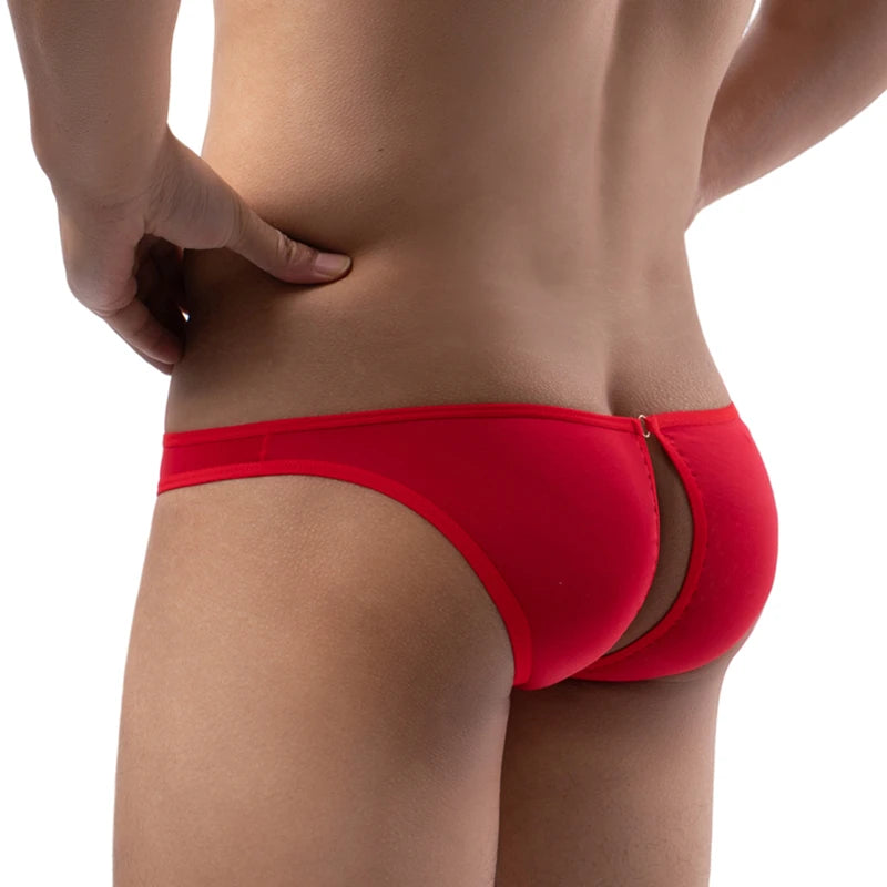 galleryman.com - Men Sexy Ice Silk Briefs Front Hole And Open Crotch Red