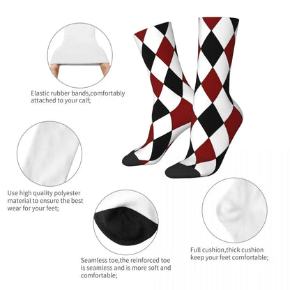 galleryman.com - Stylish Harlequin Socks Men and Women Diamond Black White Red