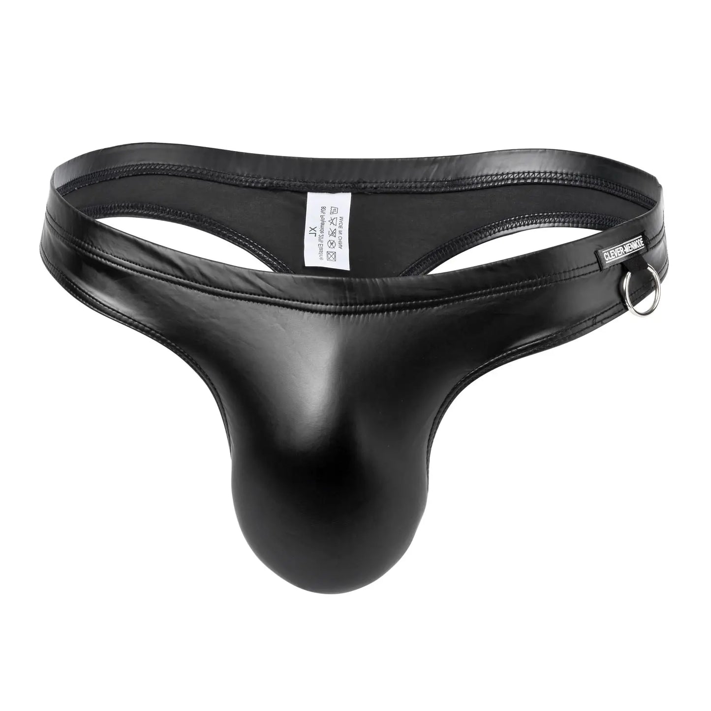 Men Sexy Leather Thong Metal Ring Deco Underwear