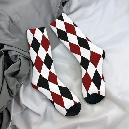 galleryman.com - Stylish Harlequin Socks Men and Women Diamond Black White Red