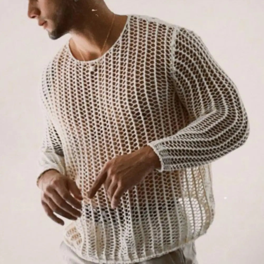 Men Top Long Sleeves See Through Round Neck Knitted Mesh