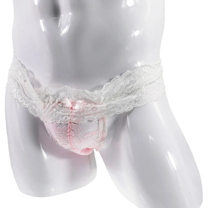 galleryman.com - Men Lace Thong Briefs Panties Low Waist Breathable White