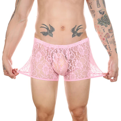 Men’s Ultra-Thin Lace Mesh Boxer Briefs See-Through
