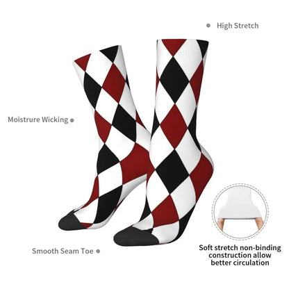galleryman.com - Stylish Harlequin Socks Men and Women Diamond Black White Red