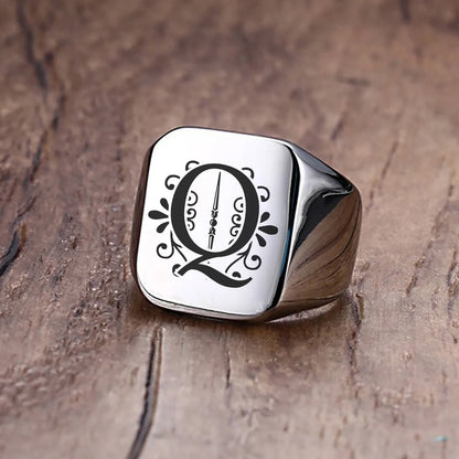 Men Ring Alphabet A-Z Initials Stainless Steel Silver