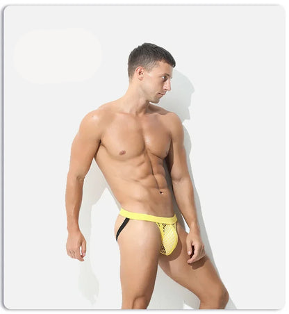 galleryman.com - Men Thong Jockstraps Stretch See Through Underwear Yellow