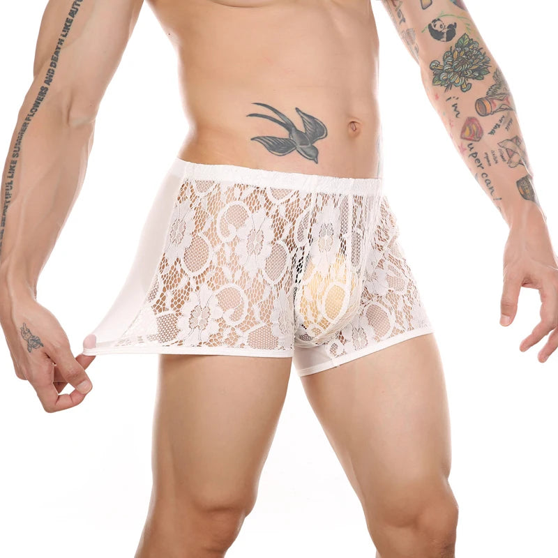Men’s Ultra-Thin Lace Mesh Boxer Briefs See-Through