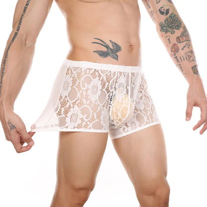 Men’s Ultra-Thin Lace Mesh Boxer Briefs See-Through