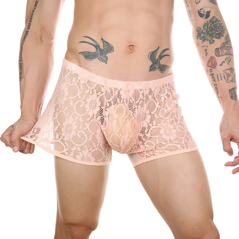 Men’s Ultra-Thin Lace Mesh Boxer Briefs See-Through