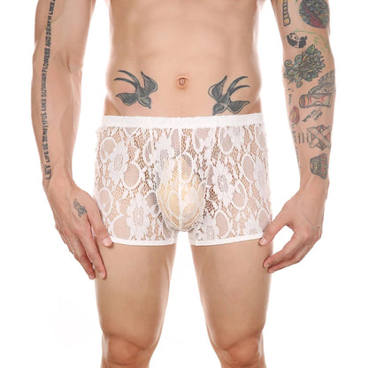 Men’s Ultra-Thin Lace Mesh Boxer Briefs See-Through