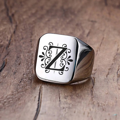 Men Ring Alphabet A-Z Initials Stainless Steel Silver
