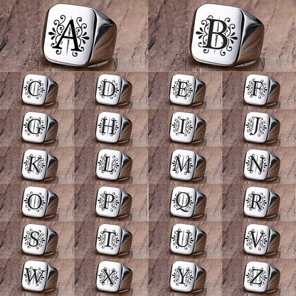 Men Ring Alphabet A-Z Initials Stainless Steel Silver