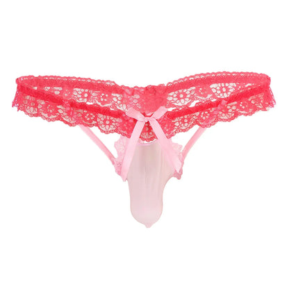 galleryman.com - Men Lace Panties Lingerie T-back Bulge Pouch Underwear Pink