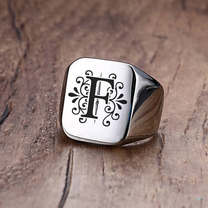 Men Ring Alphabet A-Z Initials Stainless Steel Silver