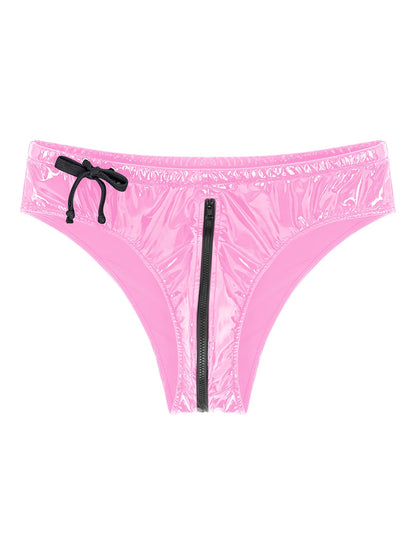 Men's Latex Briefs Drawstring Low Waist Zipper
