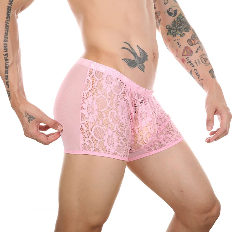 Men’s Ultra-Thin Lace Mesh Boxer Briefs See-Through
