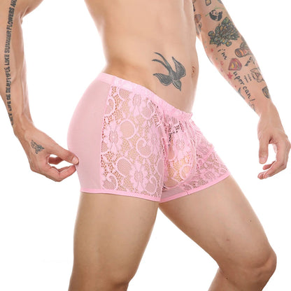 Men’s Ultra-Thin Lace Mesh Boxer Briefs See-Through