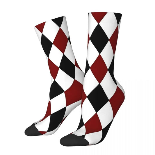 Stylish Harlequin Socks Men and Women Diamond Black White Red